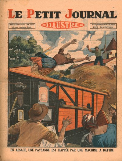 I Alsace fångas en bondkvinna i en tröskmaskin, 1929. av Unbekannt