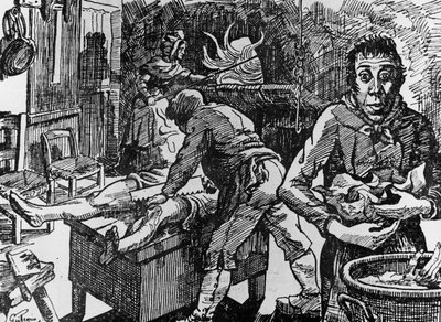 I Ardeche (Frankrike) kallades värdshuset Peyrebeille det röda värdshuset, känt för de brott som begicks från 1807 till 1833, här, efter att ha styckat sina offer, satte paret Martins och deras tjänare Jean Rochette dem i ugnen, graverade av Unbekannt