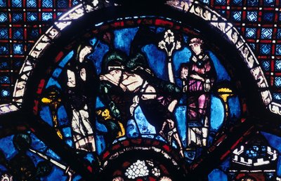Skadad pilgrim ignorerad av präst och levit, målat glas, Chartres katedral, Frankrike, 1205-1215 av Unbekannt