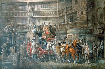 Värdshusgård med postbuss som förbereder sig för att lämna, c1840 av Unbekannt