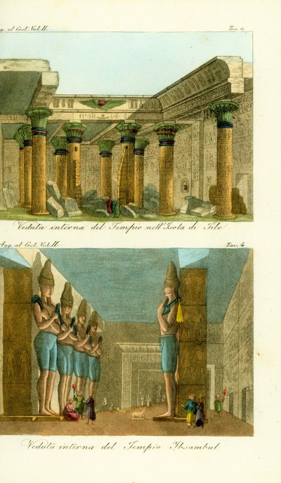 Interiören av Isis-templet på Philae Island, Nubia, och interiören av Ramses II:s stora tempel i Abu Simbel (Ibsambul), Nubia av Unbekannt