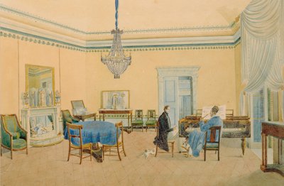 Interiör med figurer. Musikrummet, 1830-1839 av Unbekannt