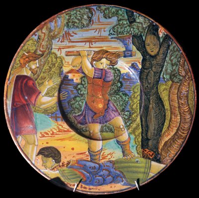 Italiensk lergodsplatta, Erysichthon som fäller ett träd i lunden Ceres, 1500-talet av Unbekannt