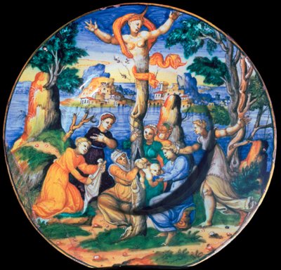 Italiensk lergodsplatta som visar Adonis födelse, ca 1500-talet av Unbekannt