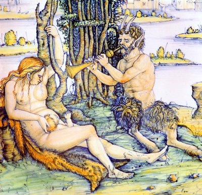 Italiensk lergodsplatta som visar satyrfamiljen efter Durer av Unbekannt