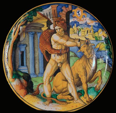 Italiensk lergodsplatta med en bild av Hercules och den kretensiska tjuren, 1500-talet av Unbekannt