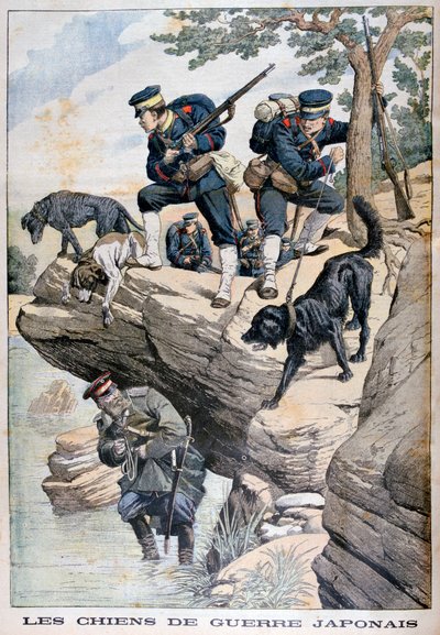 Japanska soldater med hundar hittar en ryss gömd, rysk-japanska kriget, 1904 av Unbekannt