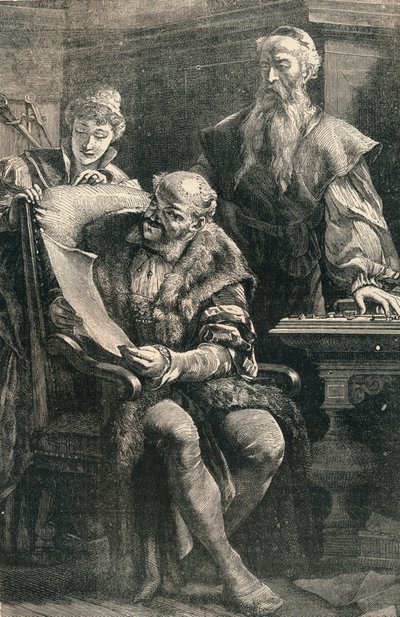 John Gutenberg visar en del av den första tryckta boken till Faust, 1300-talet, c1910 av Unbekannt