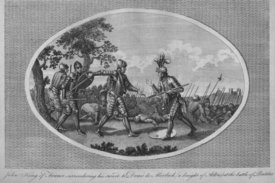 Johannes II av Frankrike överlämnade sitt svärd till Denis de Morbeck i slaget vid Poitiers, 1356 1793 av Unbekannt