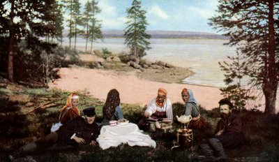 Karelare dricker te vid en flod, nära Archangel, Ryssland, c1930-talet av Unbekannt