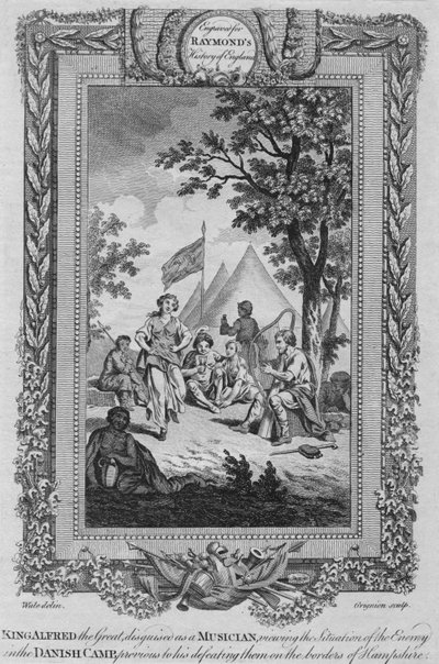 Kung Alfred den Store, förklädd till musiker, tittar på fiendens situation, c1787 av Unbekannt