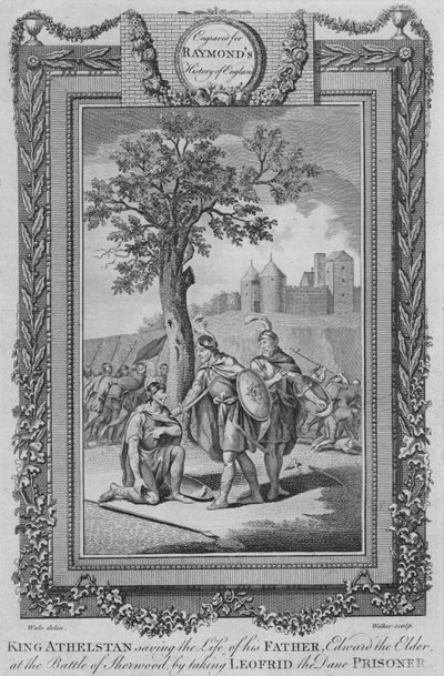 Kung Athelstan räddade livet på sin far, Edward den äldre i slaget vid Sherwood, c1787 av Unbekannt
