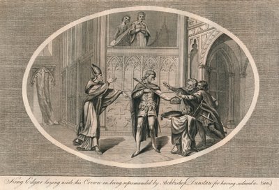 Kung Edgar lägger undan sin krona efter att ha blivit tillrättavisad av ärkebiskop Dunstan, c960-talet 1793 av Unbekannt