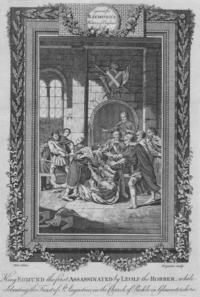 Kung Edmund den förste mördad av Leolf the Robbe, c1787 av Unbekannt