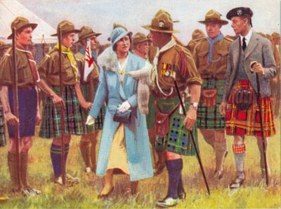 Kung George VI och drottning Elizabeth inspekterar scouter vid Portree, på Isle of Skye c1935 av Unbekannt