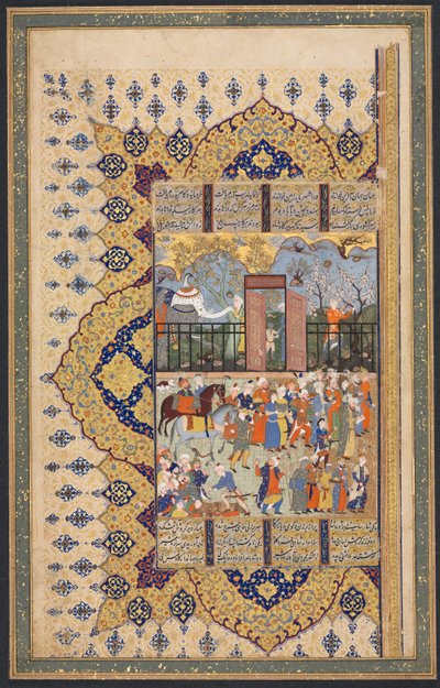 King Luhrasp Ascends the Throne: A Processon Arrives at Court Recto..., ca. 1560-80-tal. av Unbekannt