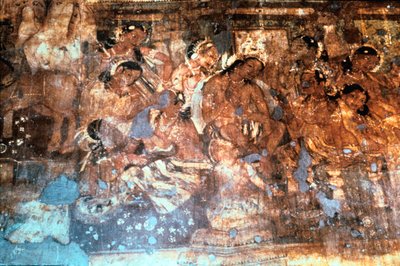 Kung Mahajanaka lyssnar på drottning Vivali, fresk i Ajanta-grottan, Indien, 1:a-5:e århundradet e.Kr. av Unbekannt
