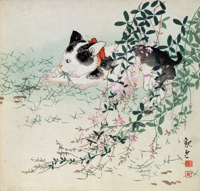 Kattunge i gräs och lövblommor - japanskt tryck av Unbekannt