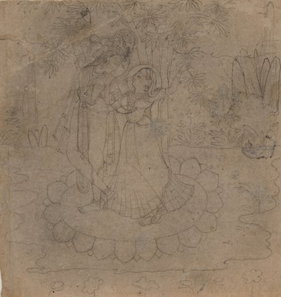 Krishna och Radha står på en lotus, sent 1800-tidigt 1900-tal. av Unbekannt