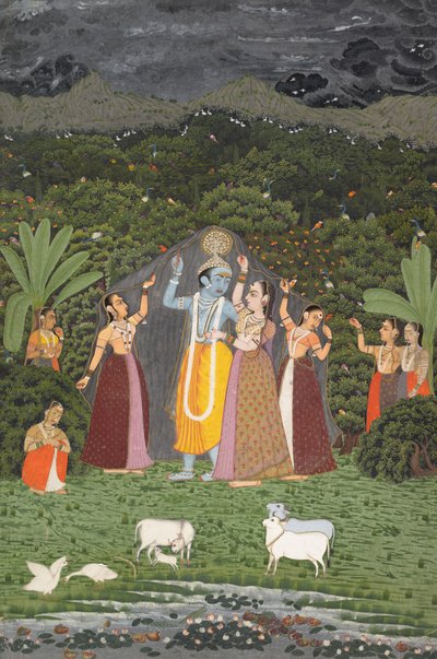 Krishna and the Gopis tar skydd från regnet, 1760. av Unbekannt