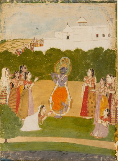 Krishna bredvid en flod som spelar flöjt, c1720 av Unbekannt