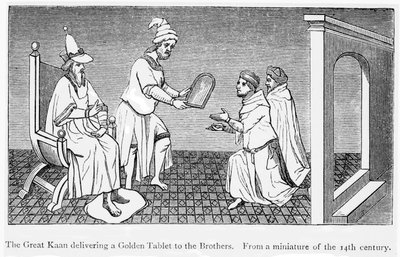 Kublai Khan ger en gyllene tablett som säkerställer säker passage till Niccolo och Maffeo Polo (gravyr) av Unbekannt