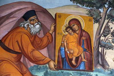 Kykkos kloster, Cypern. Fresk. Munk som bär en helig ikon, 20150510, Pedoulas, Cypern av Unbekannt