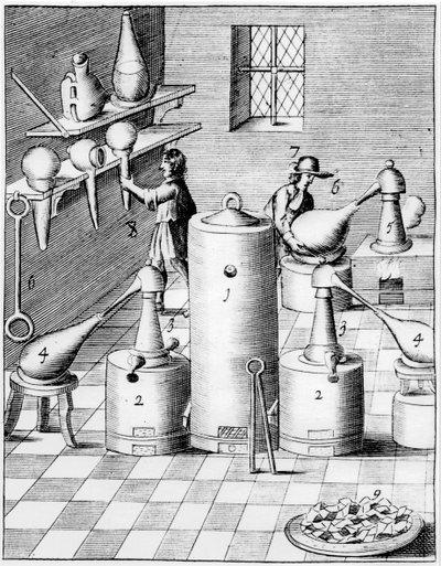 Laboratorium för raffinering av guld och silver, visar typisk laboratorieutrustning, 1683 av Unbekannt