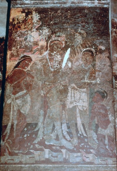 Dam på hennes toalett, fresk i grottan, Ajanta, Indien. 1:a-5:e århundradet. 1900-talet av Unbekannt