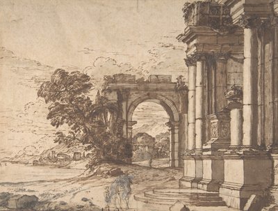 Landskap med klassisk arkitektur vid en sjö, 1600-talet. av Unbekannt