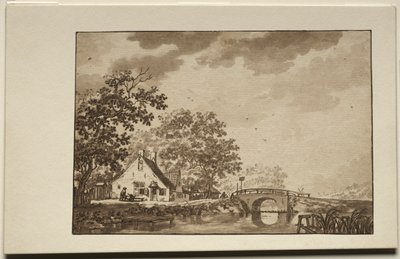 Landskap med stuga och bro, 1700-tal. av Unbekannt