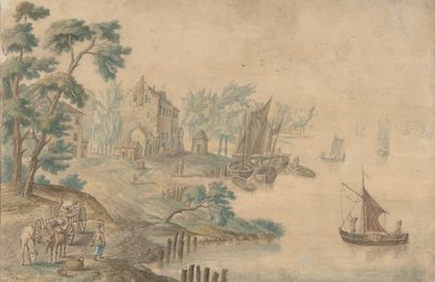 Landskap med hästar och vagnar och en flod till höger, 1700-talet. av Unbekannt