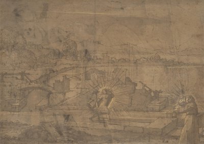 Landskap med Sankt Kristofer och manlig klosterhelgon recto..., 1500-talet. av Unbekannt