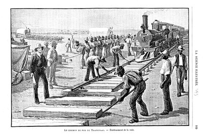 Att lägga slipers och räls permanent på Transvaal Railway, Sydafrika, 1893 av Unbekannt