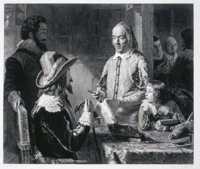 Den engelske läkaren William Harvey (1578-1637) visar kung Charles I Stuart av England (1600-1649) teorin om blodcirkulationen av Unbekannt