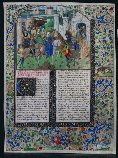 Blad från Jehan de Courcys Universal Chronicle: King Priamus möter Helen och Paris..., ca. 1470. av Unbekannt