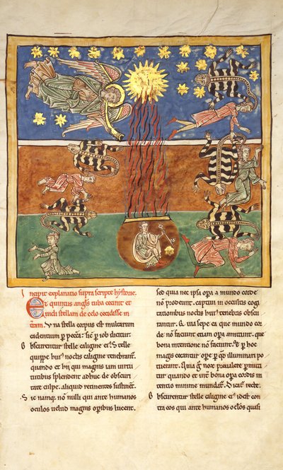 Blad från ett Beatus-manuskript: vid Clarion of the Fifth Angels Trumpet..., ca. 1180. av Unbekannt
