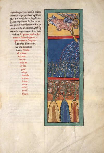 Blad från ett Beatus-manuskript: den första ängeln låter trumpeten..., ca. 1180. av Unbekannt