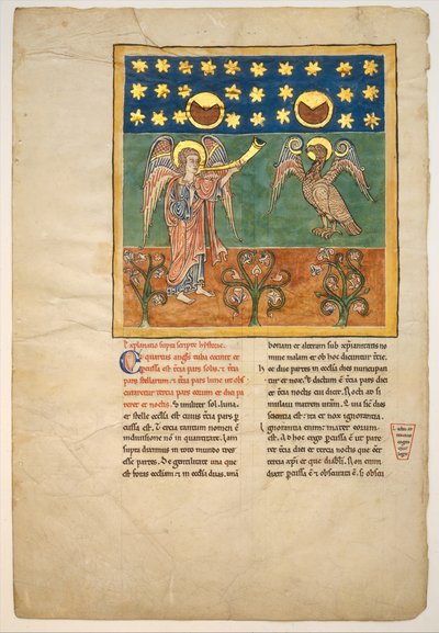 Blad från ett Beatus-manuskript: den fjärde ängeln låter trumpeten och en örn..., ca. 1180. av Unbekannt