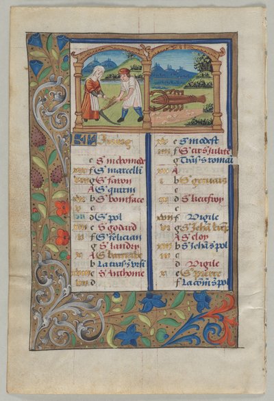 Blad från en timbok: Kalendersida för juni tergo, ca. 1510. av Unbekannt