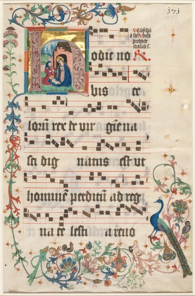 Leaf from an Antiphonary: Initial H med Nativity recto och Text verso, ca. 1480. av Unbekannt