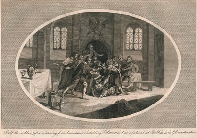 Rånaren Leofa knivhugger Edmund I på en festival i Pucklekirk, Gloucestershire 946 1793 av Unbekannt