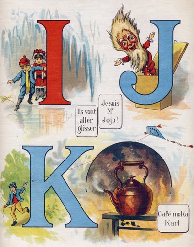 Bokstav I, J och K: De ska glida, jag är herr Jojo och caféet Moka Karl. Gravyr i "ABC L