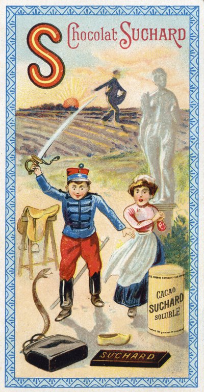 Bokstaven S: sol, sådd, såningsman, tjänare, förvirring, soldat, svärd, sadel, orm, staty, hov, väska. Gravyr av alfabetet redigerad av Chocolat Suchard, början av 1900-talet. 24 kromolitografier som representerar platser, karaktärer och föremål till av Unbekannt