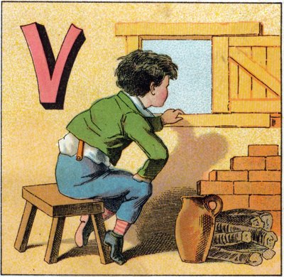 Bokstaven V som vasistas. Nyfiket barn tittar ut genom ett fönster. Gravyr i "Alphabet des petits ecoliers". Avbildning av Epinal, cirka 1885. Privee Collection av Unbekannt