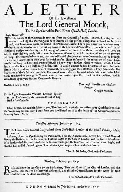 Brev från general Monck till talmannen för underhuset, 1659 1903 av Unbekannt
