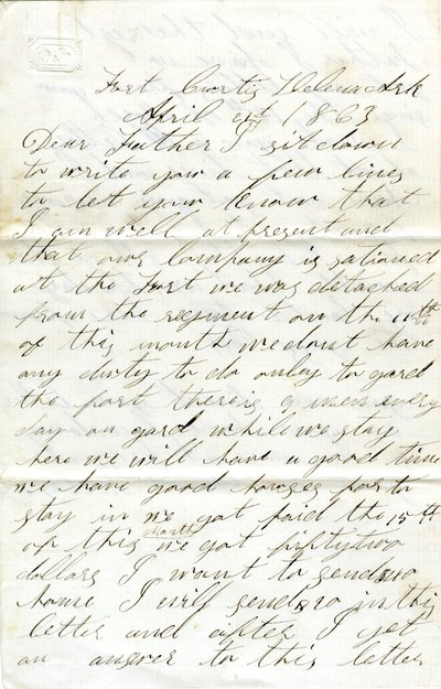 Brev undertecknat David T. Massey, Fort Curtis, Helena, Ark., till sin far (Nathan Massey), 21 april 1863 av Unbekannt