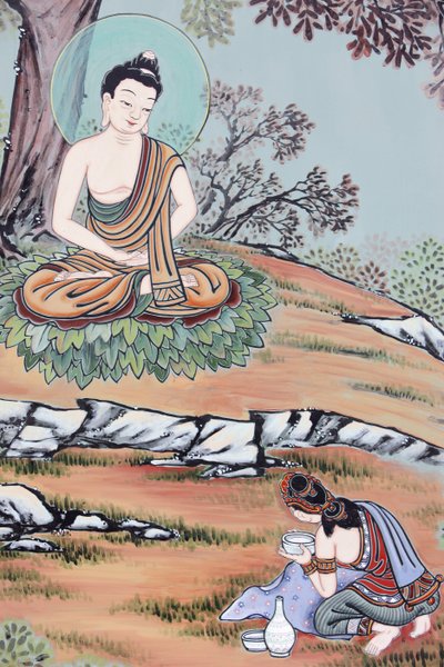 Life of Buddha ung kvinna erbjöd den framtida Buddha en skål med ris och mjölk. Han accepterade den, återställde sin styrka och började sin praktik på nytt, Seoul, Coree du Sud av Unbekannt