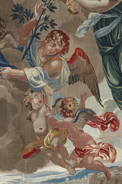 Jungfruns liv: "Jungfruns kröning"" (Jungfruns kröning) Detalj av änglar Gobeläng av ull och siden tillverkad i Pierre Damours verkstad efter teckningar av Charles Poerson (1609-1667) av Unbekannt