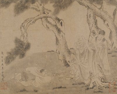 Luohan, skötare och tillbedjare under tallar, Yuan- eller Mingdynastin, 1279-1644. av Unbekannt